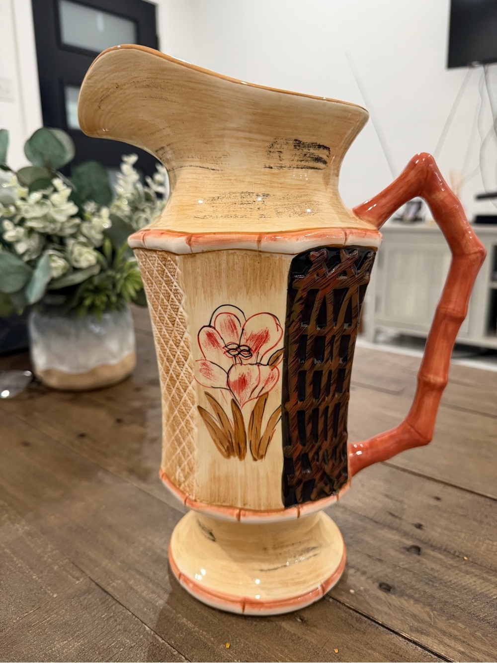 Decorative Ceramic Pitcher Vase in Cream and Coral